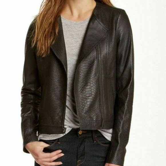 VINCE LEATHER MOTO JACKET SNAKESKIN EMBOSSED GRAPHITE DARK GREY SIZE SMALL